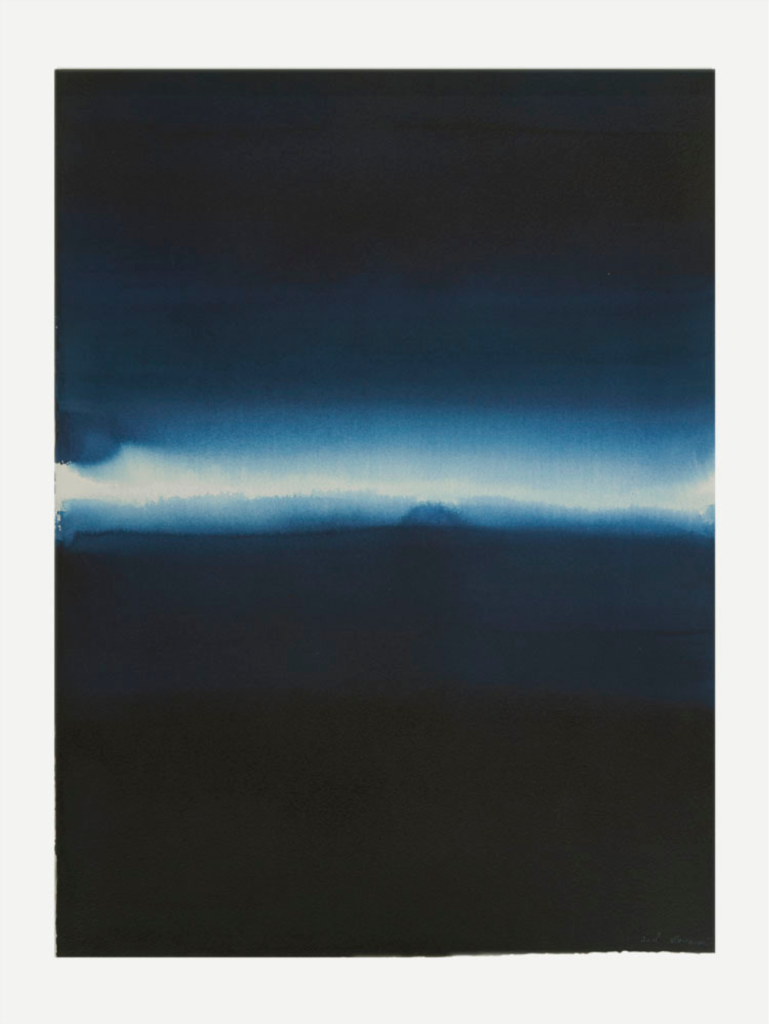 Abstract painting of a glowing blue horizon breaking through dark bands, acrylic on watercolor paper, from a private collection.